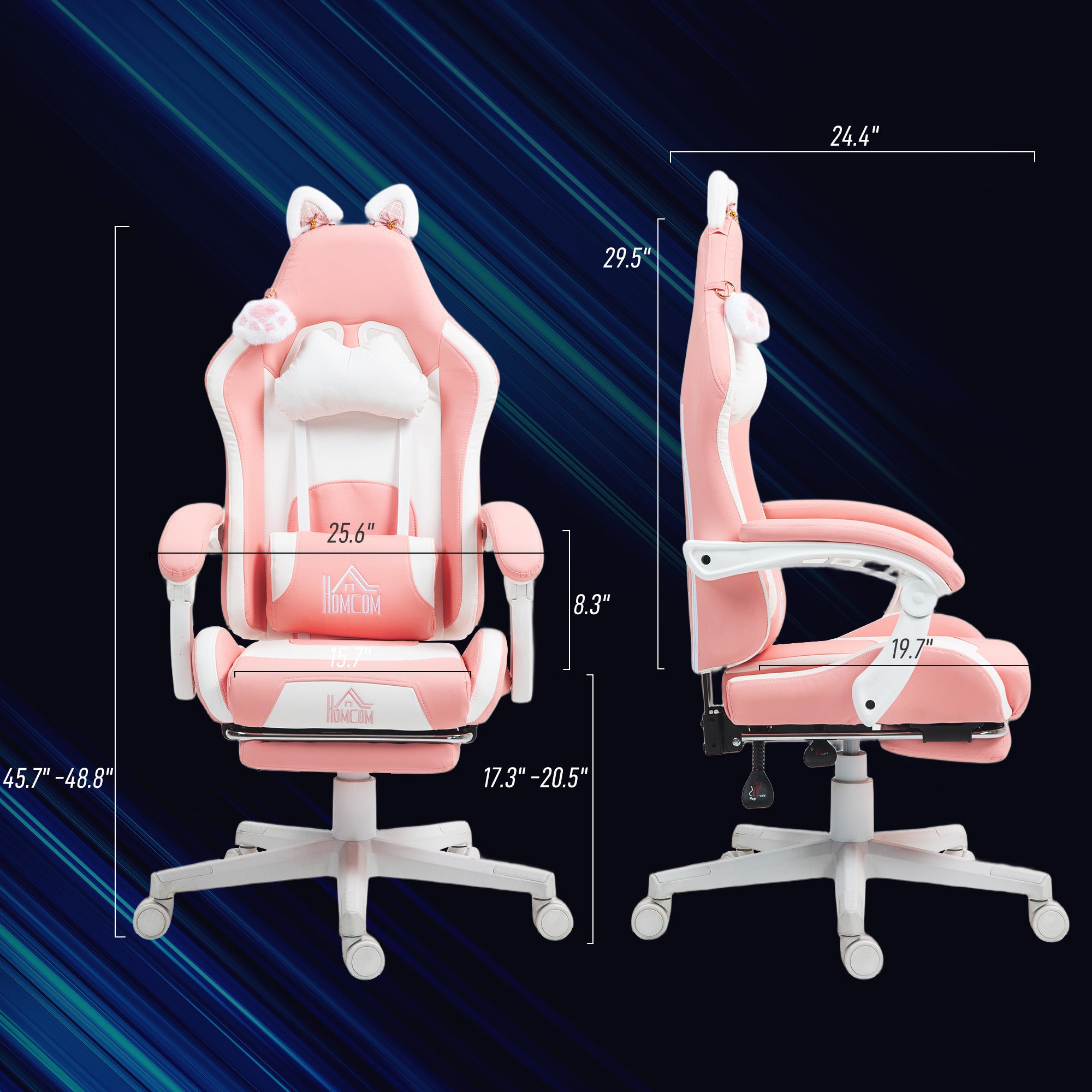 Gamer chair with footrest, headrest, and lumbar support.