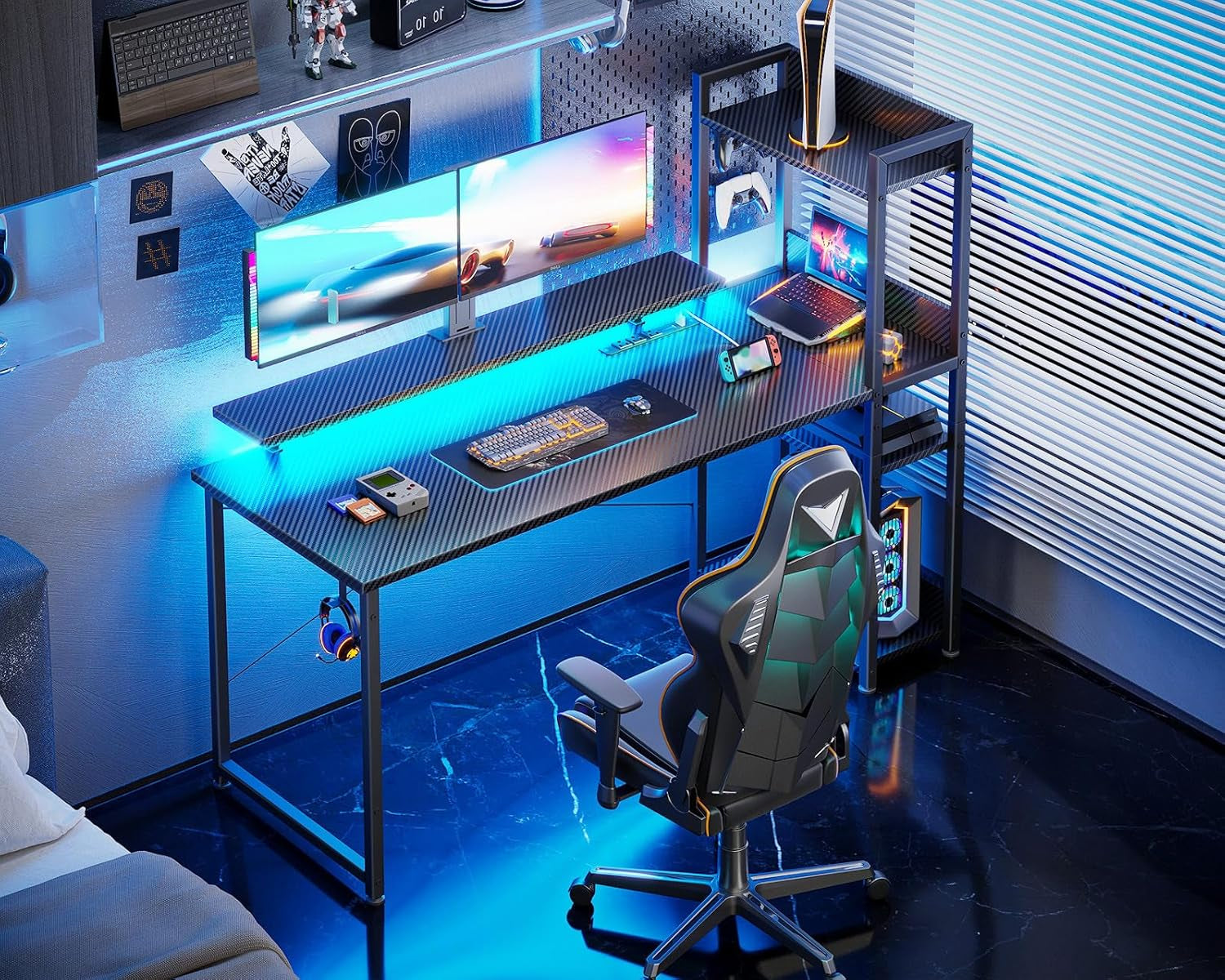 55 Inch Reversible Gaming Desk USB Charging LED Lights