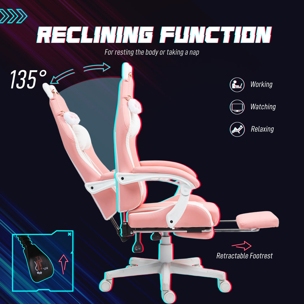 Gamer chair with footrest, headrest, and lumbar support.