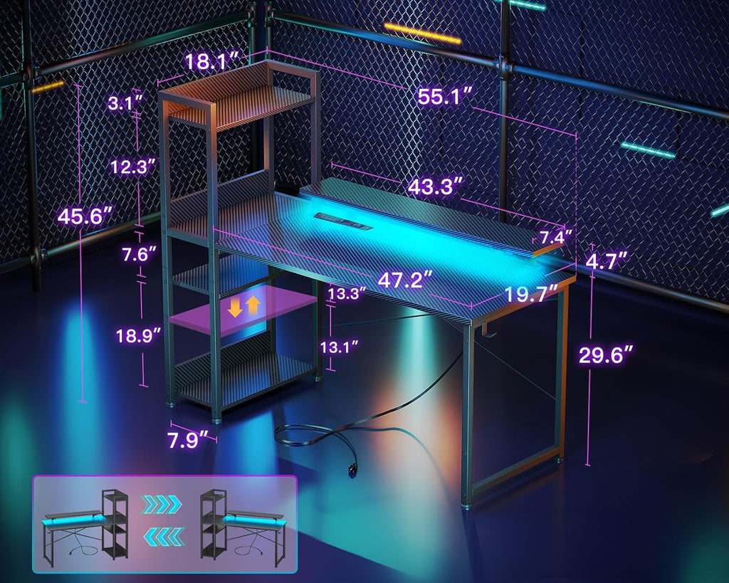 55 Inch Reversible Gaming Desk USB Charging LED Lights