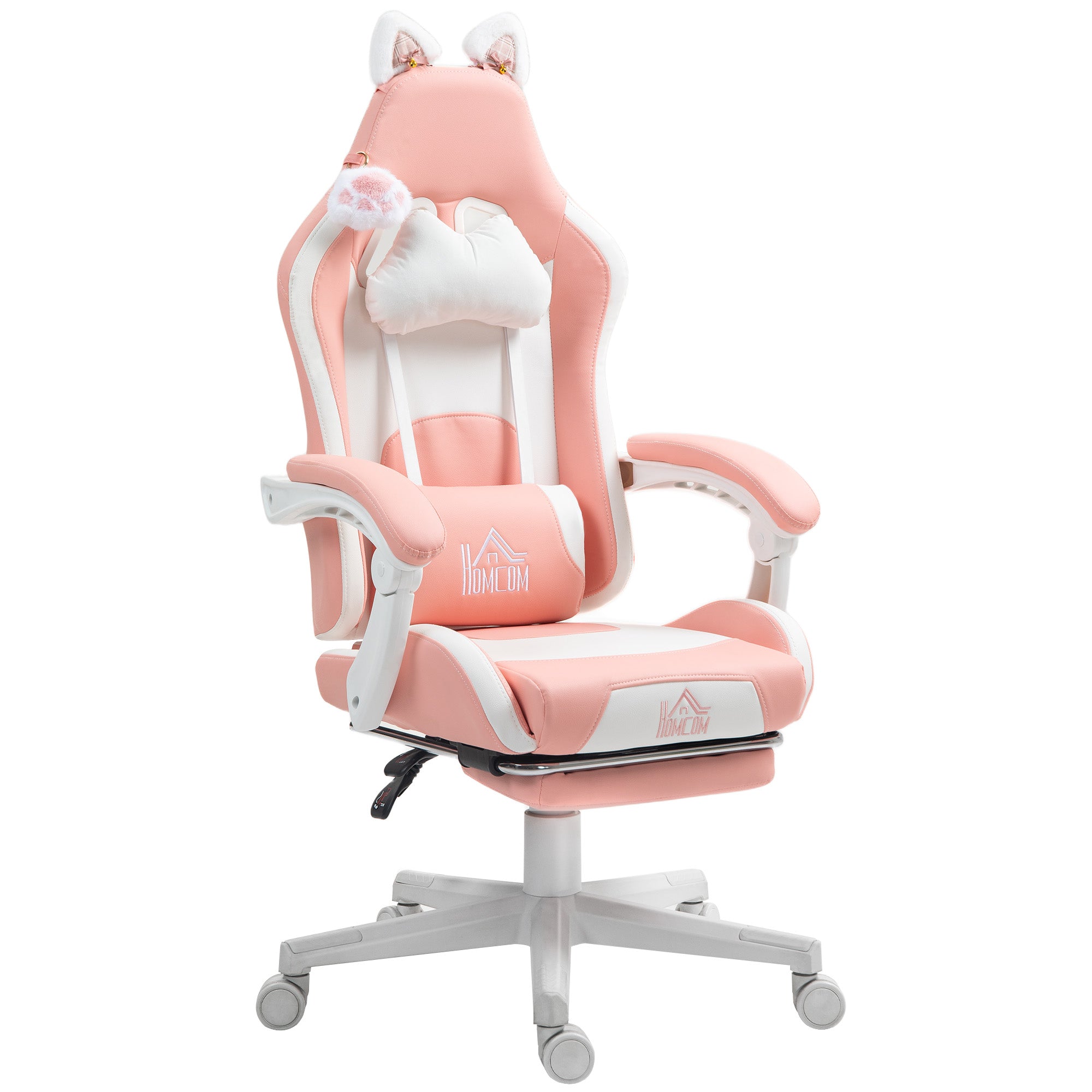 Gamer chair with footrest, headrest, and lumbar support.