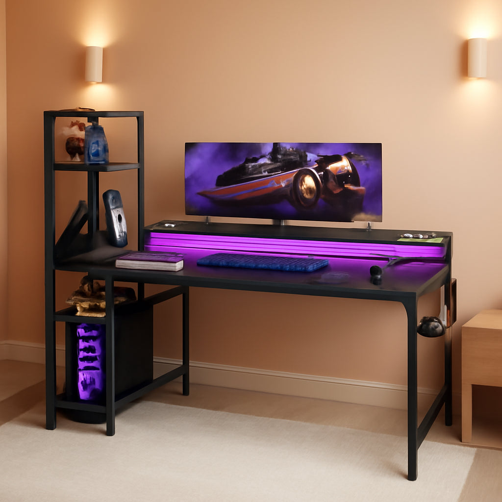 55 Inch Reversible Gaming Desk USB Charging LED Lights