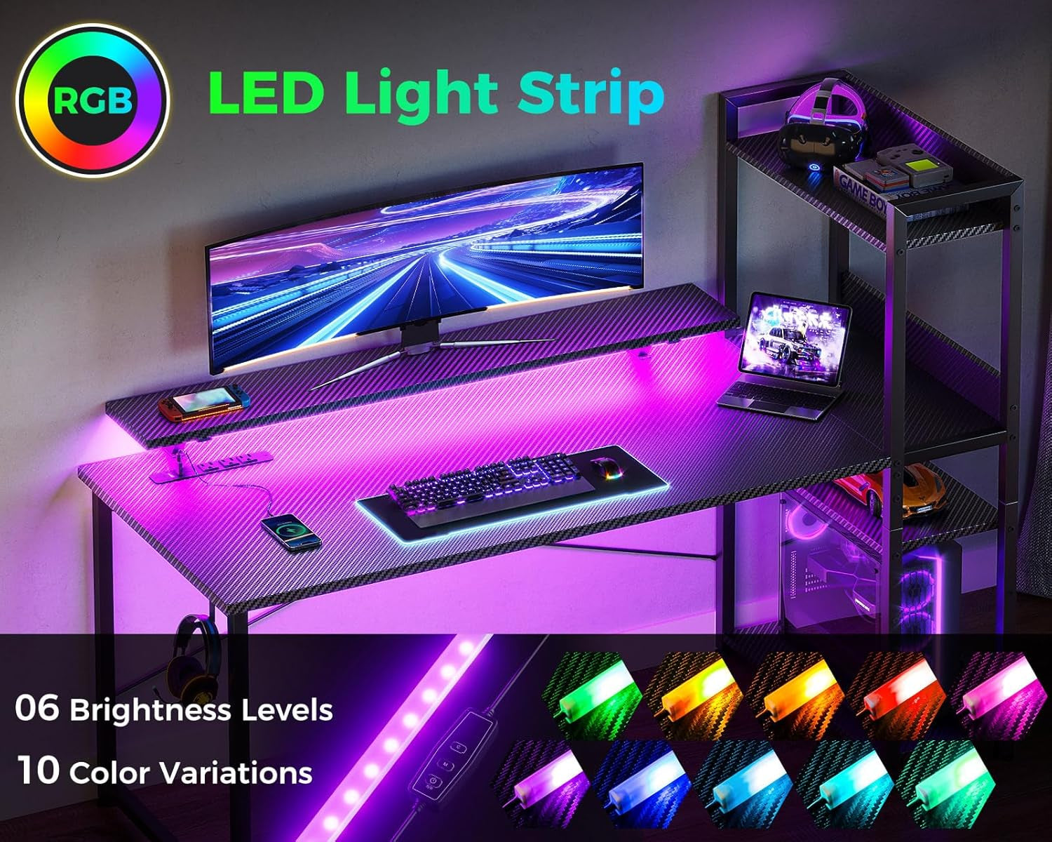 55 Inch Reversible Gaming Desk USB Charging LED Lights
