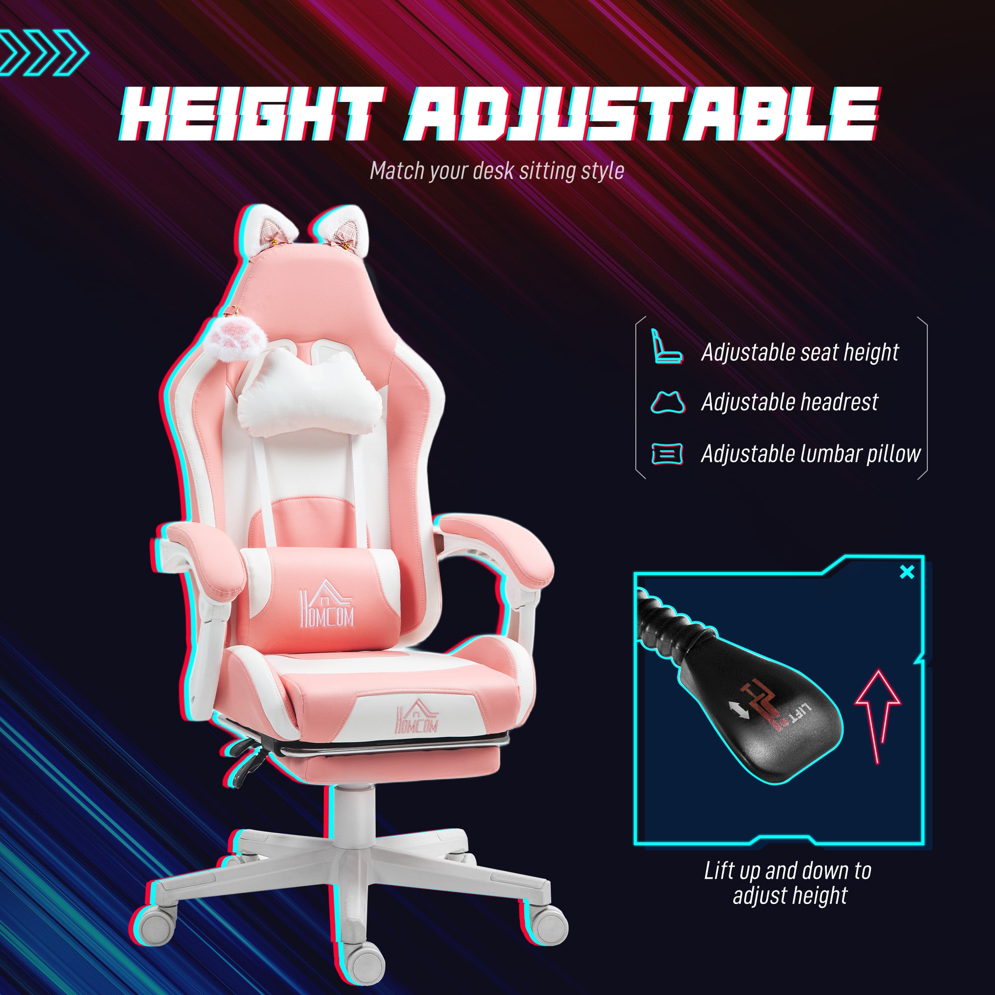Gamer chair with footrest, headrest, and lumbar support.
